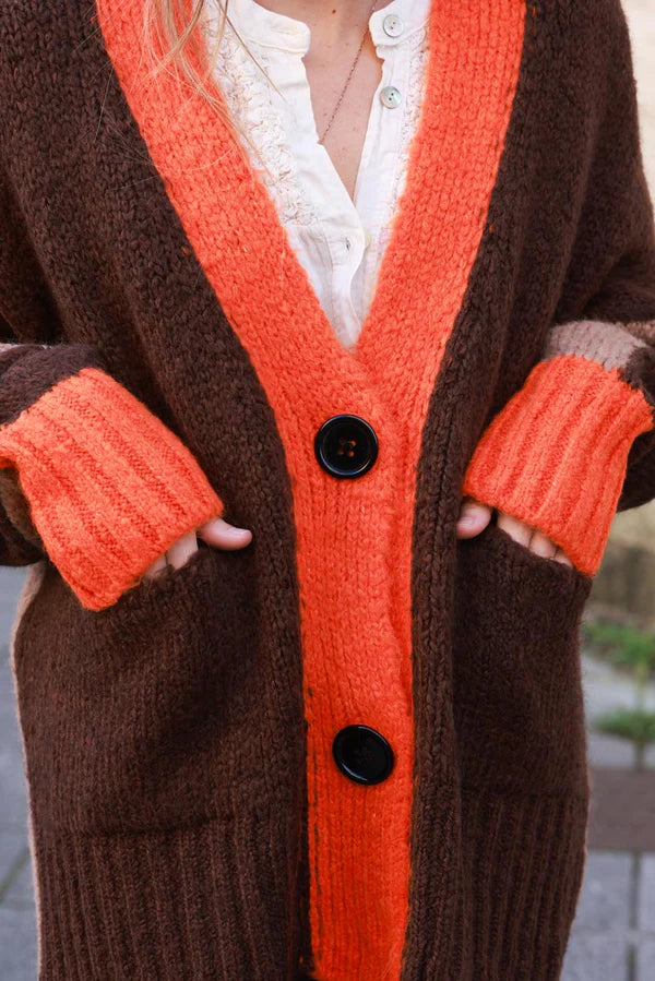 Brown Sweater Knit Cardigan with Orange Trim