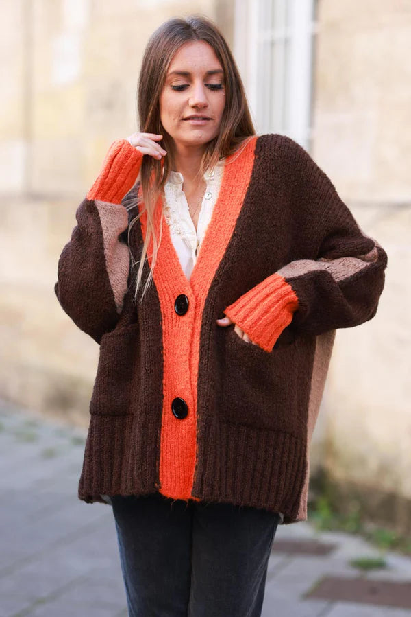 Brown Sweater Knit Cardigan with Orange Trim