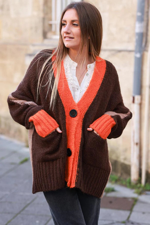 Brown Sweater Knit Cardigan with Orange Trim