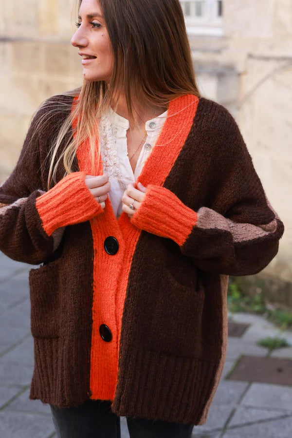 Brown Sweater Knit Cardigan with Orange Trim