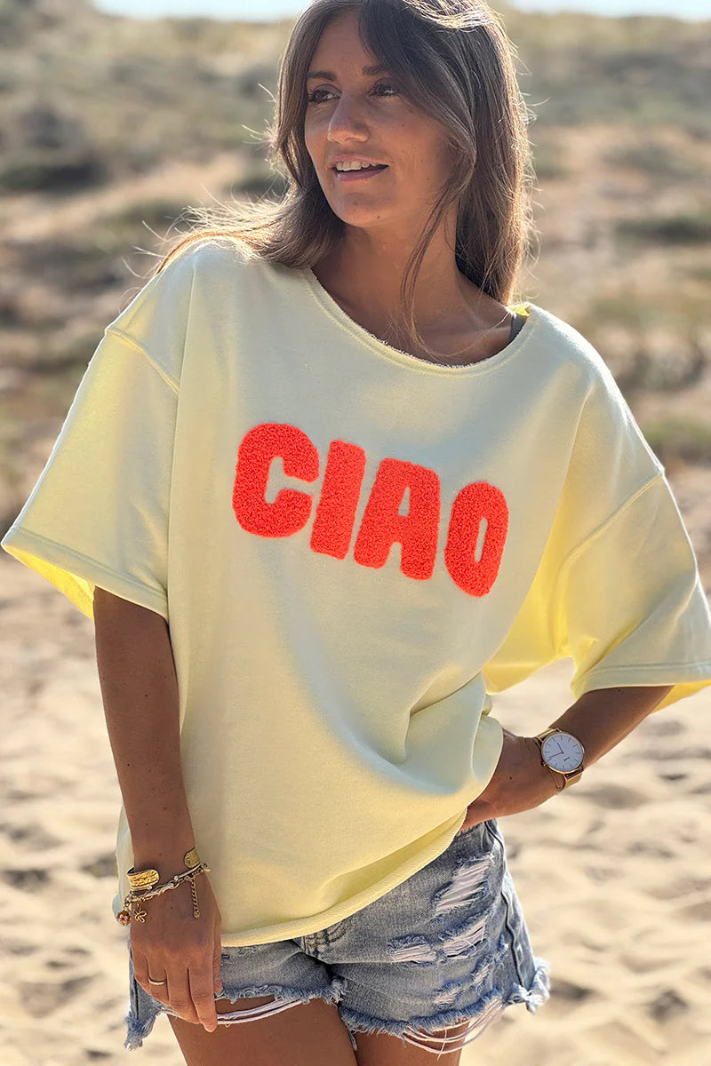 Butter Yellow “CIAO” Lightweight Slouchy Dolman Tee