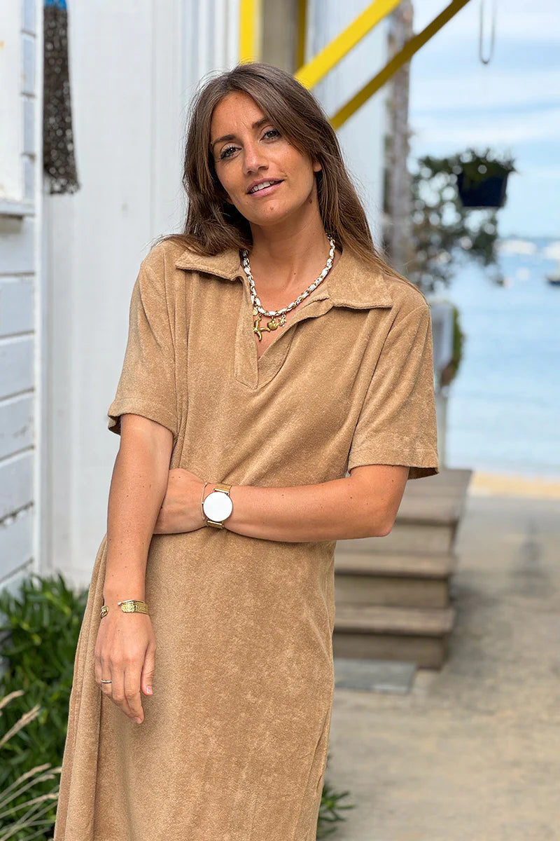 Cafe Terry Cloth Collared V-Neck Dress