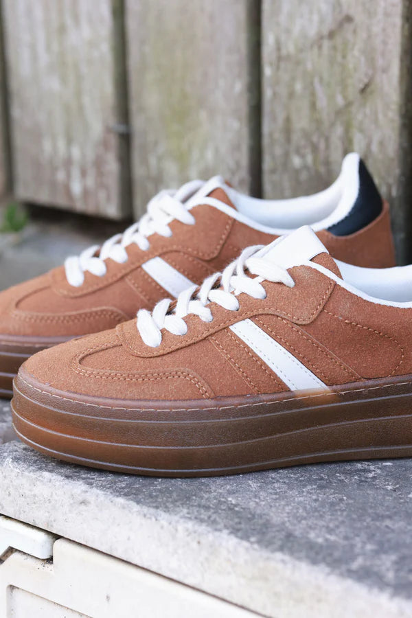 Camel and Beige Sueded Striped Sport Sneakers