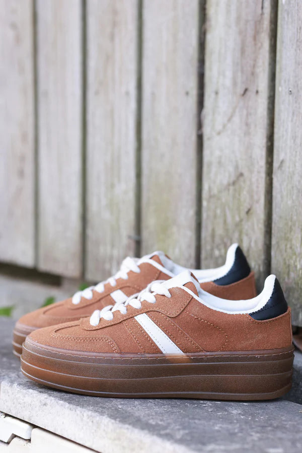 Camel and Beige Sueded Striped Sport Sneakers