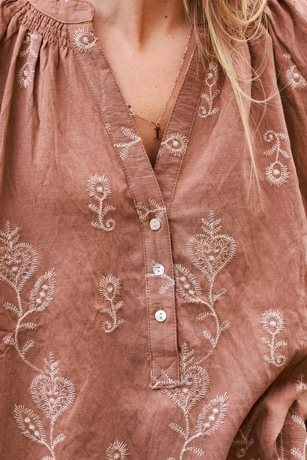 Camel Boho Embroidered Floral Scroll Peasant Blouse