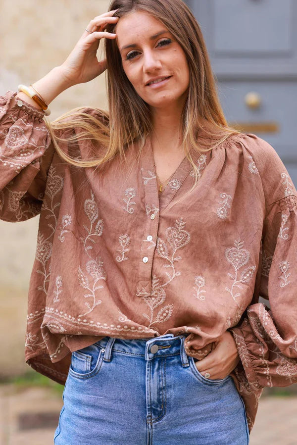 Camel Boho Embroidered Floral Scroll Peasant Blouse