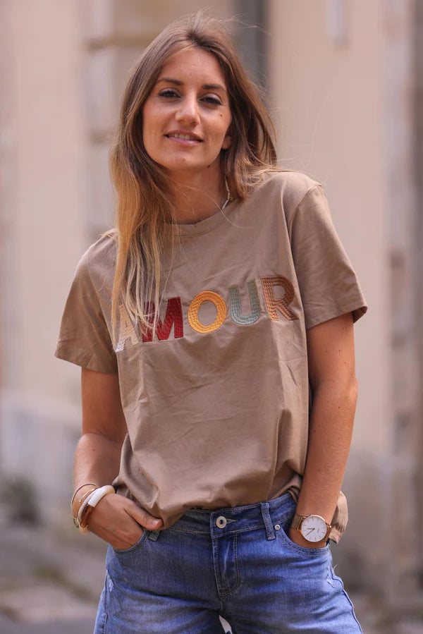 Camel Cotton T-shirt with Colorful 'Amour' Embroidery