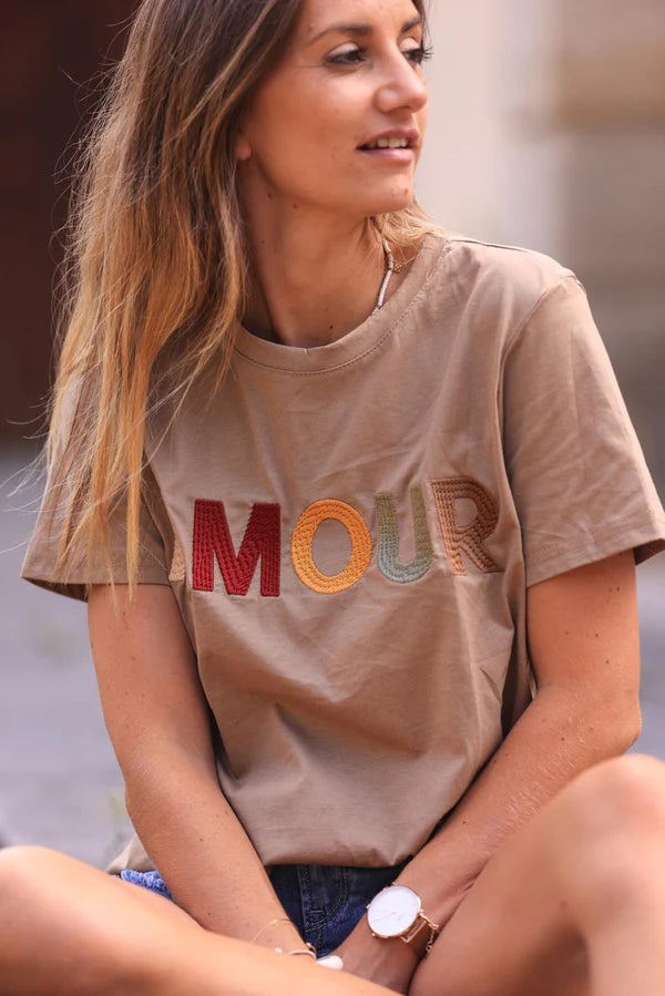 Camel Cotton T-shirt with Colorful 'Amour' Embroidery