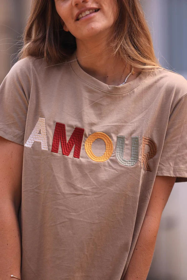 Camel Cotton T-shirt with Colorful 'Amour' Embroidery