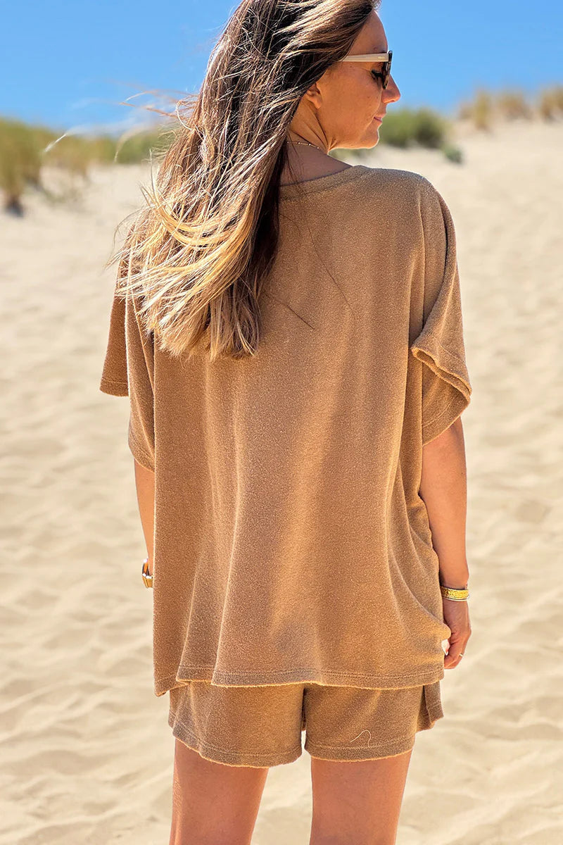 Camel Embroidered Terry V-Neck Top