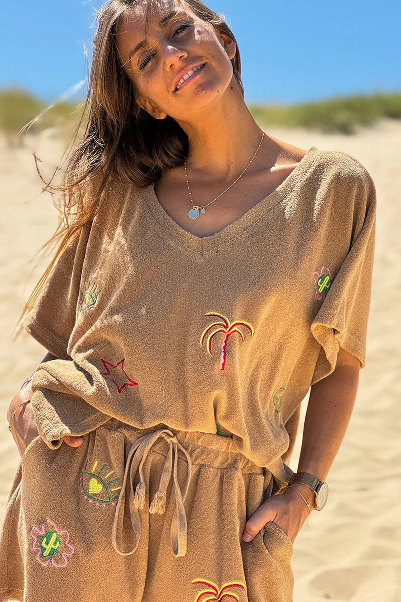 Camel Embroidered Terry V-Neck Top