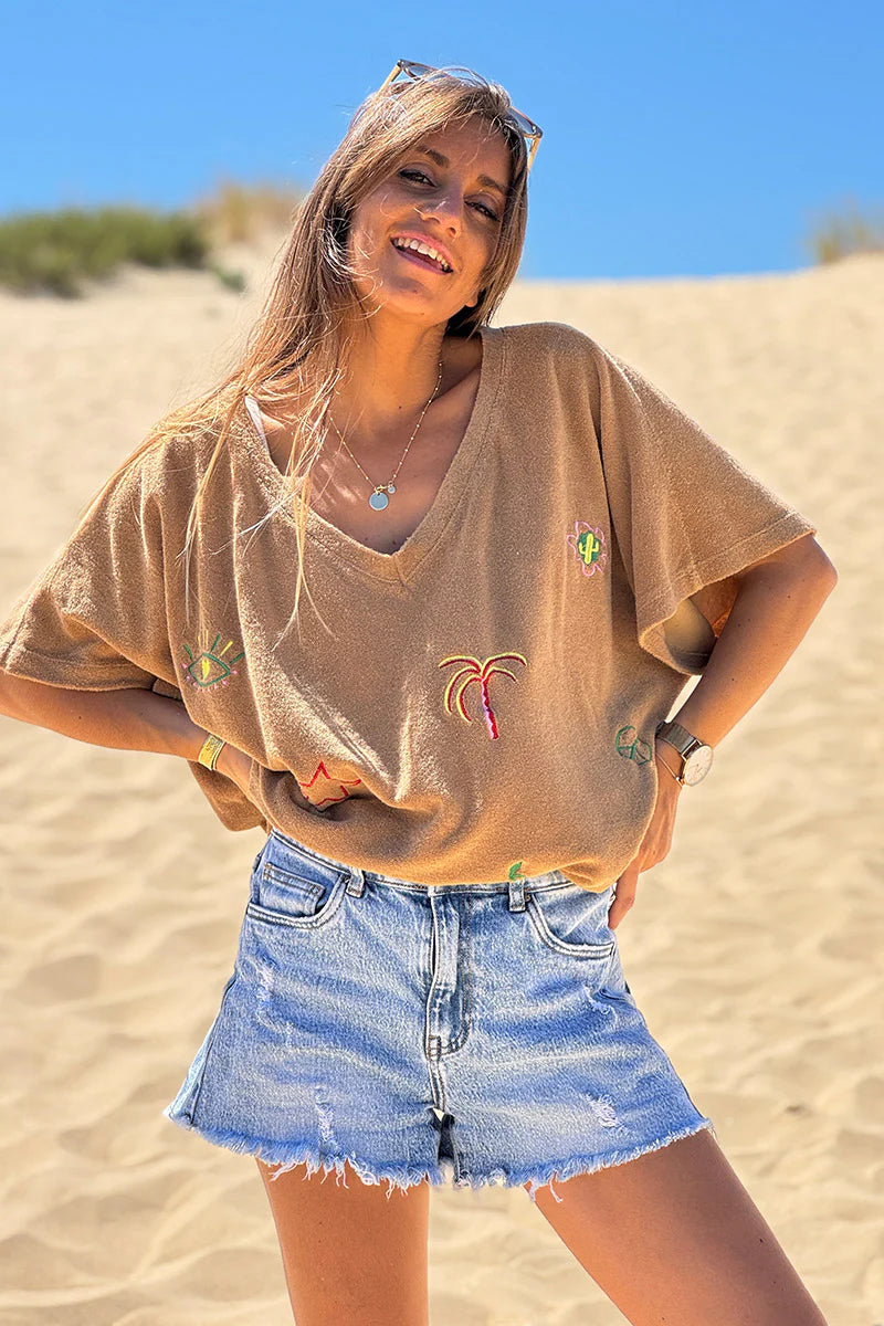 Camel Embroidered Terry V-Neck Top