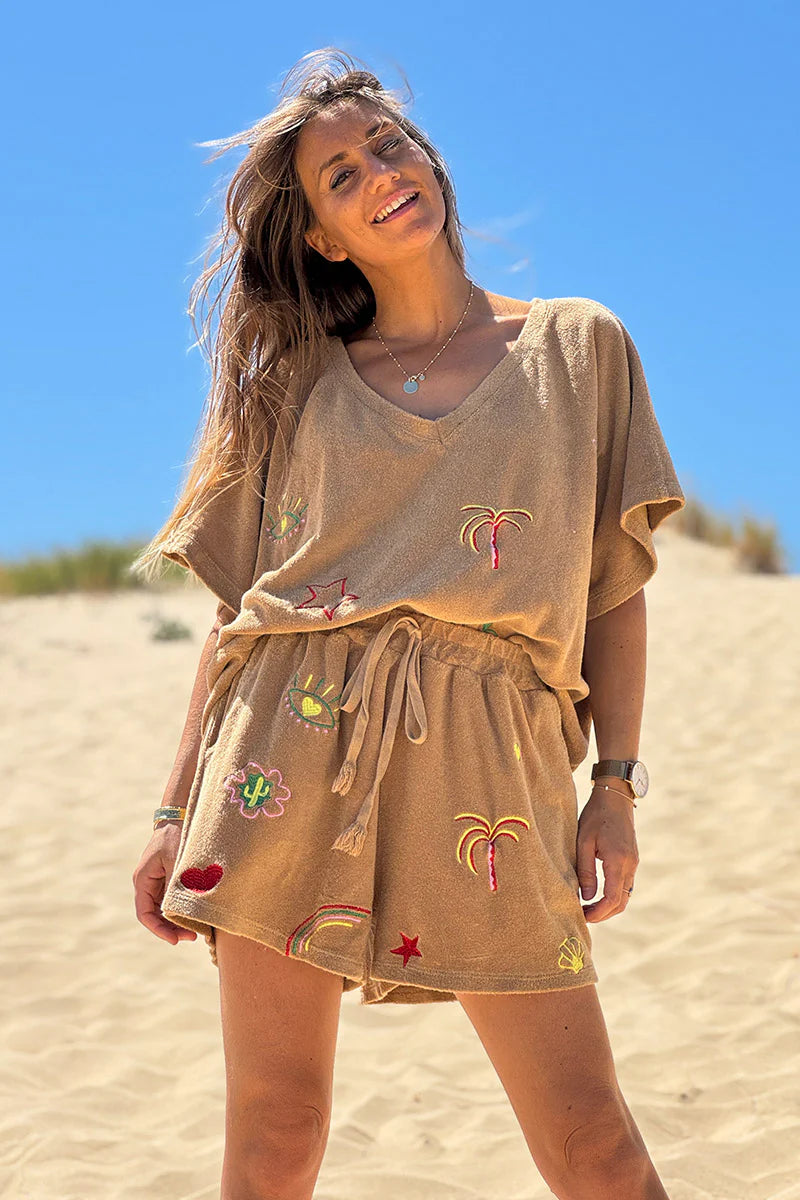 Camel Embroidered Terry V-Neck Top