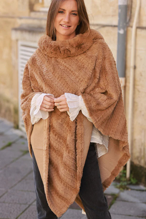 Camel Faux Chinchilla Poncho Cape