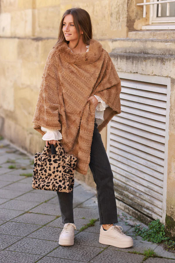 Camel Faux Chinchilla Poncho Cape