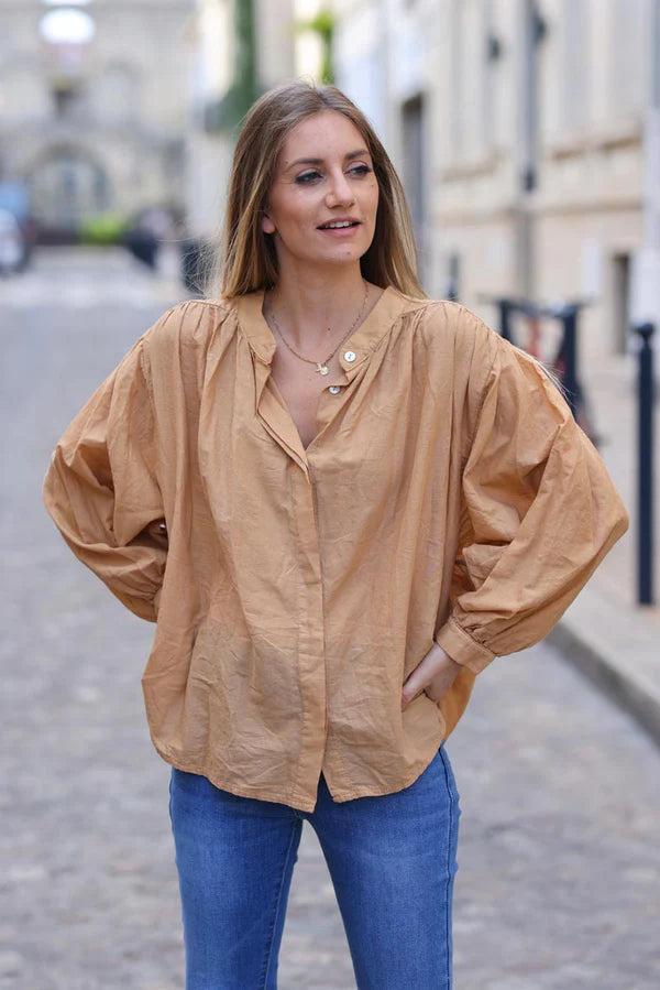 Camel floaty cotton shirt with batwing sleeves