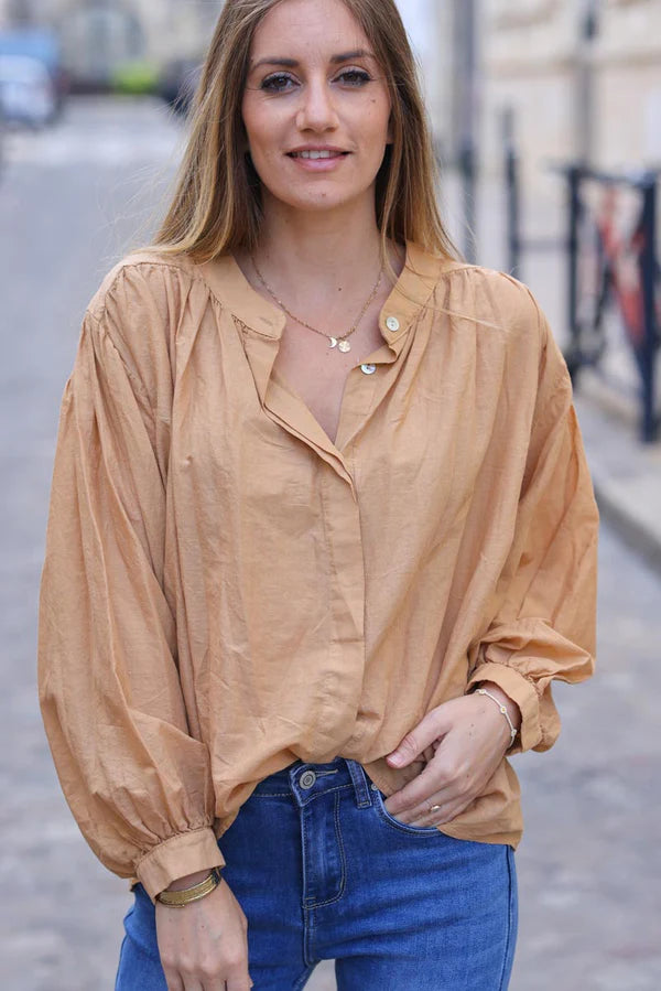 Camel floaty cotton shirt with batwing sleeves