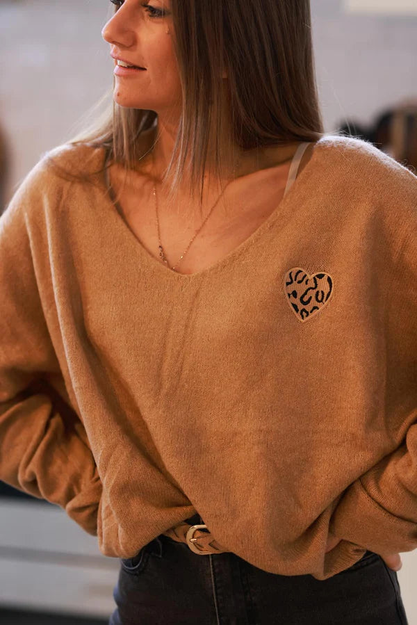 Camel Heart Slouchy Knit V-Neck Sweater