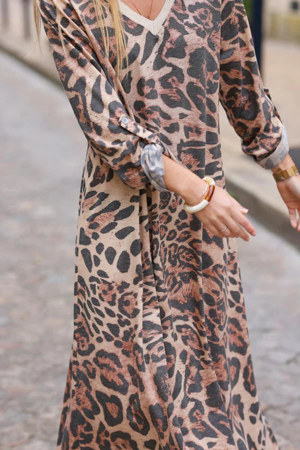 Camel Leopard Print V-Neck Glitter Knit Maxi Dress