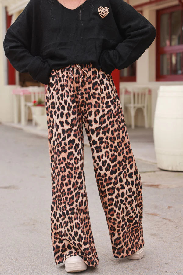 Camel Leopard Print Wide-Leg Drawstring Pants