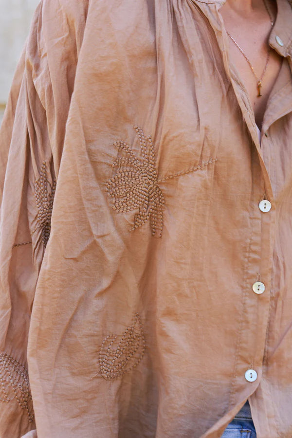 Camel oversized lightweight cotton blouse with palm tree embroidery