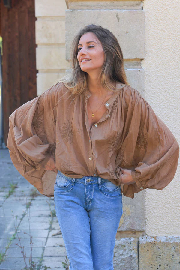 Camel oversized lightweight cotton blouse with palm tree embroidery