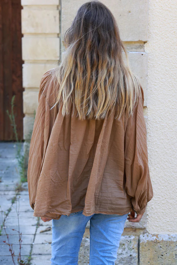 Camel oversized lightweight cotton blouse with palm tree embroidery