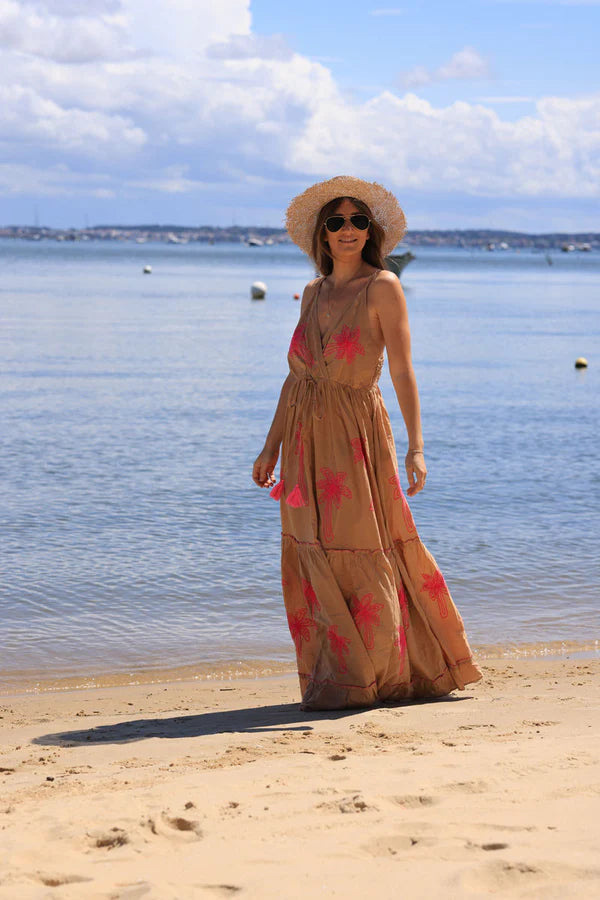 Camel strappy maxi dress with yellow palm embroidery