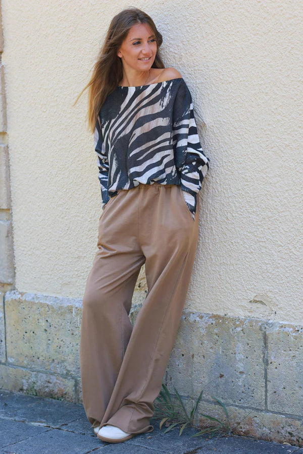 Camel Stretch Cotton Wide Leg Flared Sweatpants