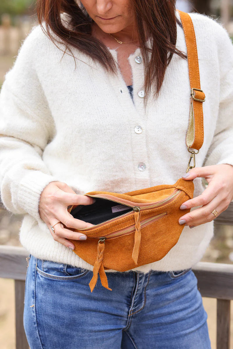 Camel suede leather bumbag fanny pack gold double zip