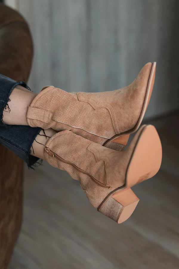 Camel Sueded Cowboy Ankle Boots