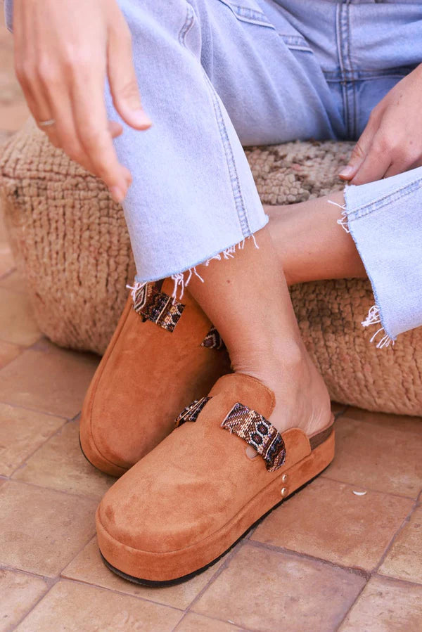 Camel Sueded Mules with Tribal Woven Strap