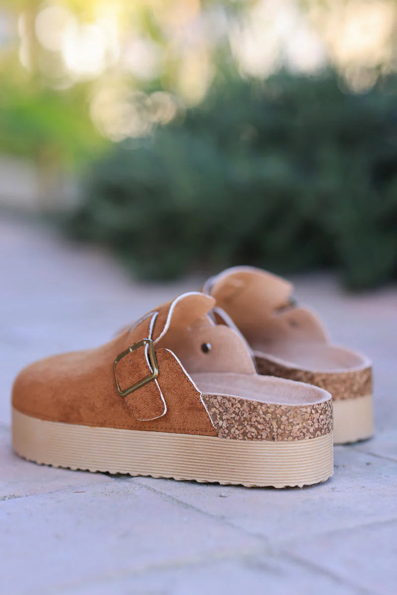 Camel suedette slip on flatform mules with buckle