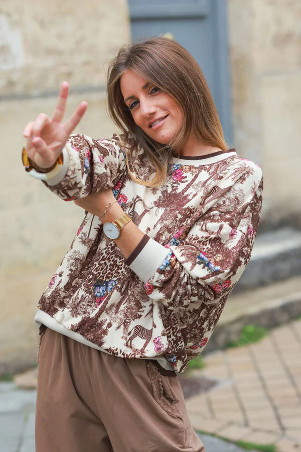 Camel Sweatshirt with Jungle Print