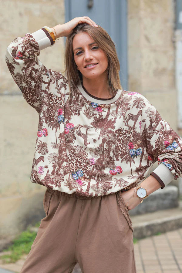 Camel Sweatshirt with Jungle Print