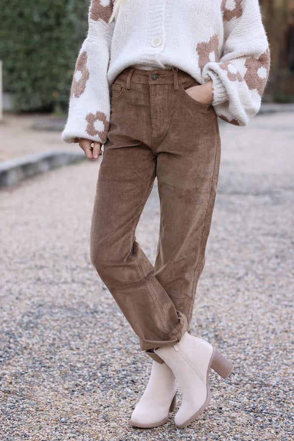 Camel Velvet Corduroy Straight Cut Pants