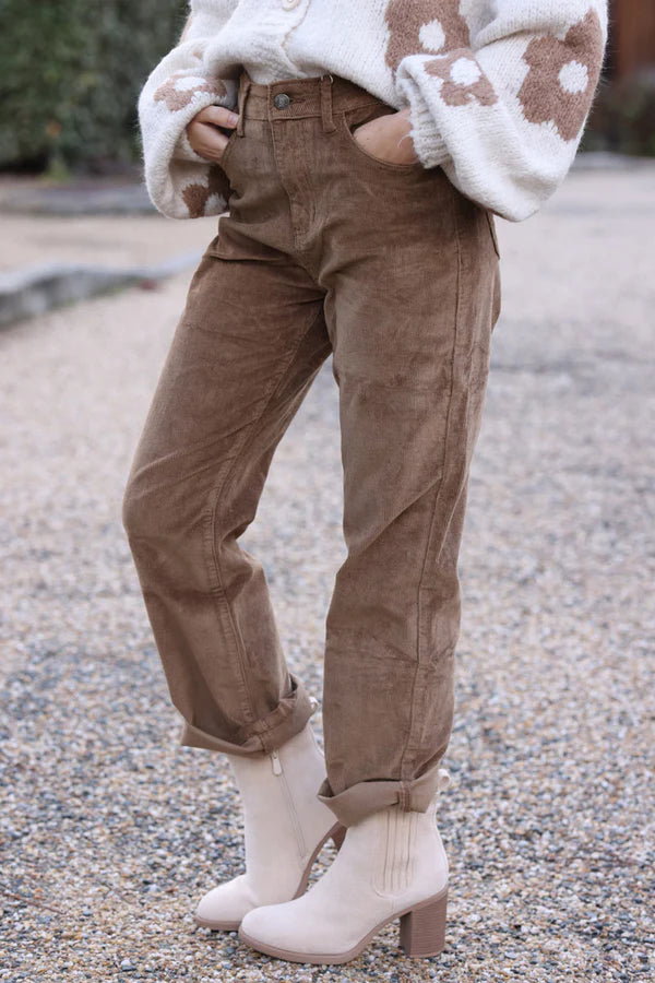 Camel Velvet Corduroy Straight Cut Pants