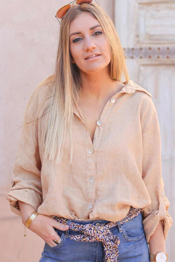 Caramel linen shirt with mother of pearl buttons