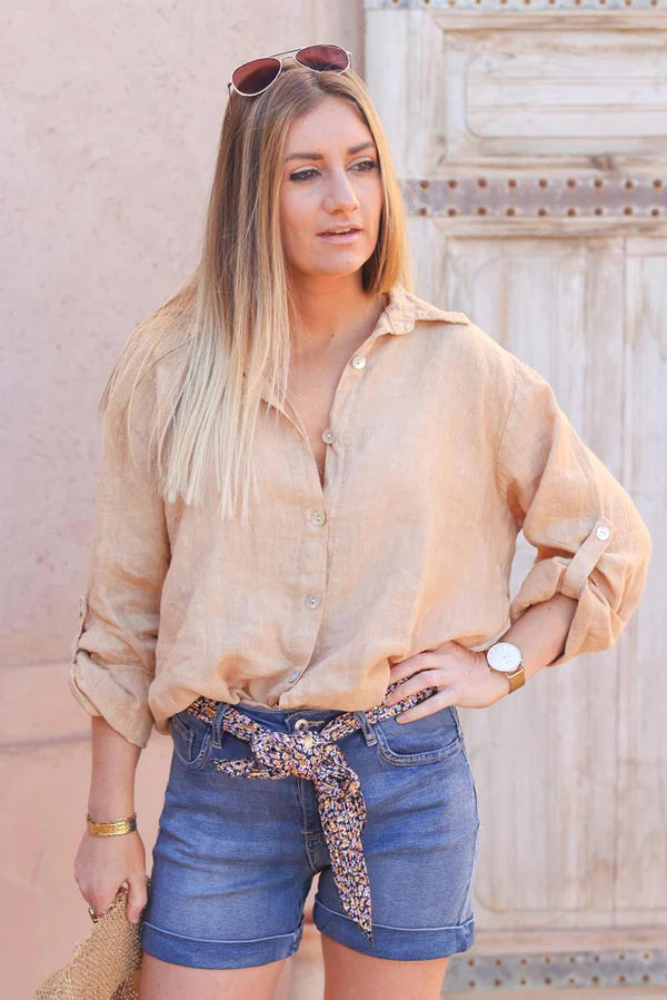 Caramel linen shirt with mother of pearl buttons