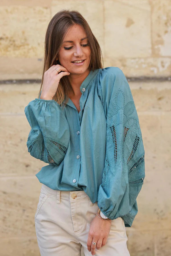 Celadon green Blouse with Open Crochet Sleeves