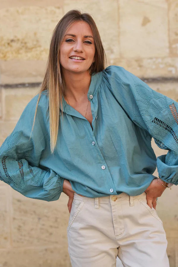 Celadon green Blouse with Open Crochet Sleeves