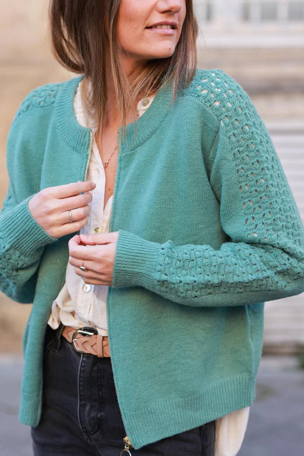 Celadon Green Crochet Sleeve Zip-Front Cardigan