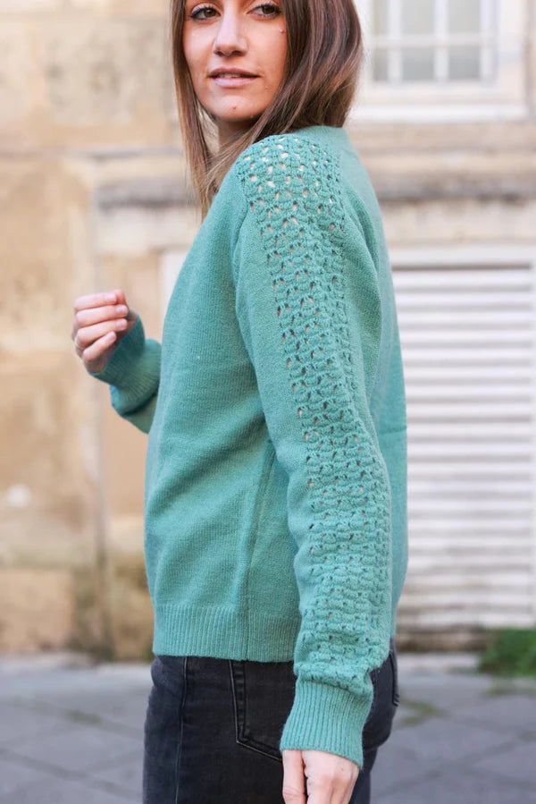 Celadon Green Crochet Sleeve Zip-Front Cardigan