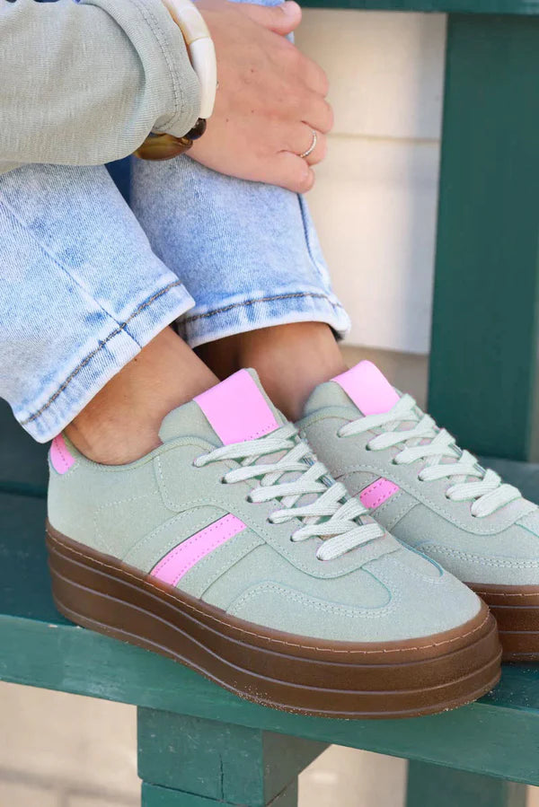 Celadon Green and Pink Sueded Striped Sport Sneakers