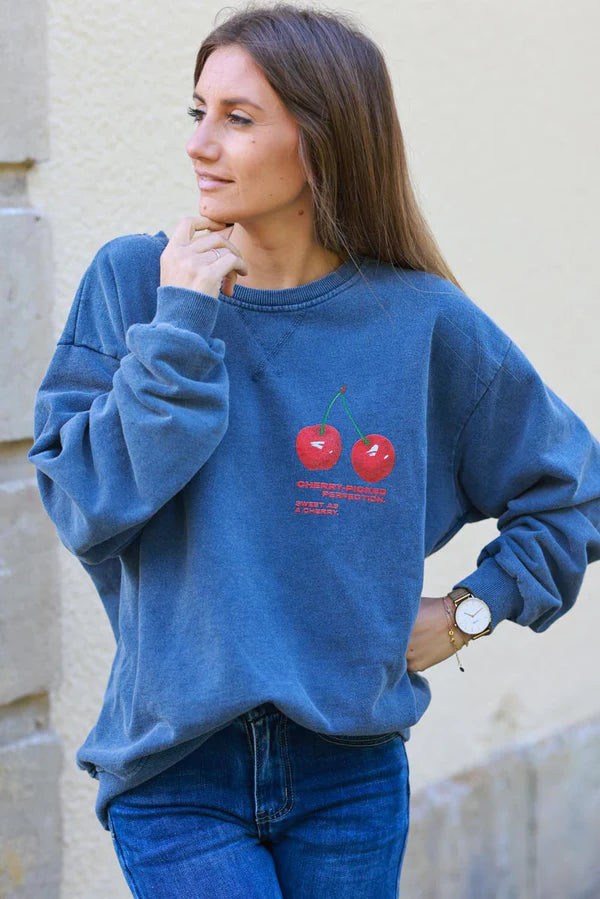 Cherry Perfection Dusty blue Cotton Pullover Sweater