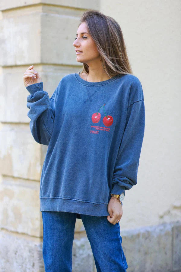 Cherry Perfection Dusty blue Cotton Pullover Sweater