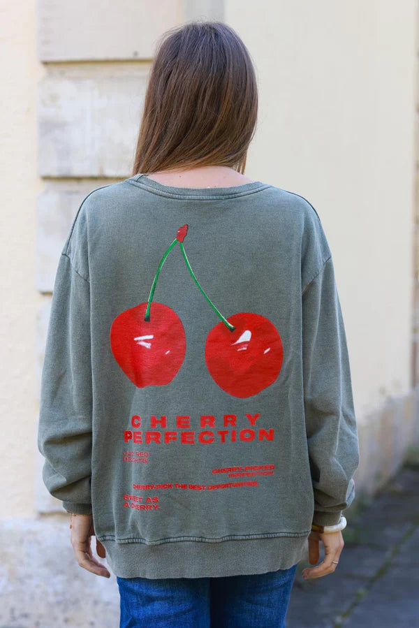 Cherry Perfection Olive Cotton Pullover Sweater