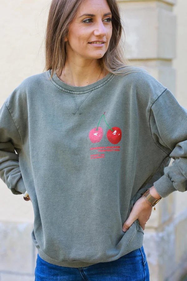 Cherry Perfection Olive Cotton Pullover Sweater