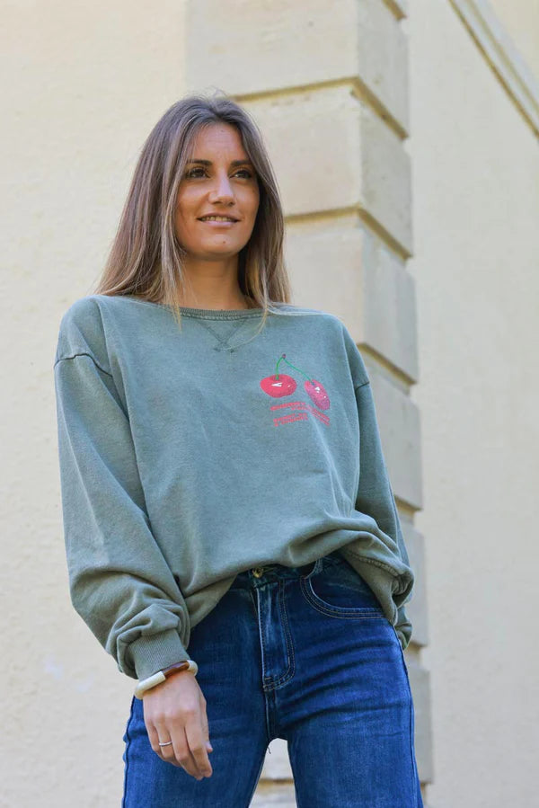 Cherry Perfection Olive Cotton Pullover Sweater