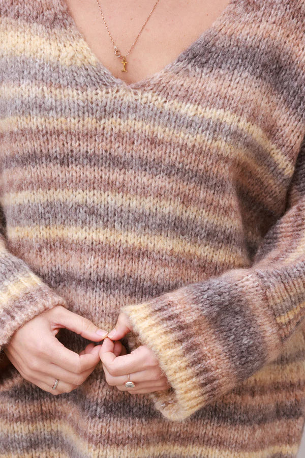Chunky Knit Batwing Sweater with Brown Shaded Stripes